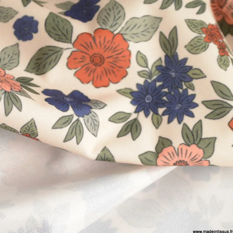Pul contact alimentaire Marion motifs fleurs bleues et terracotta fond écru - motif exclusif