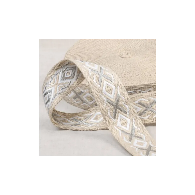 Sangle jacquard Ethnique 38mm - Beige et Argent