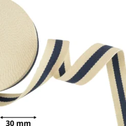 Sangle souple bicolore 30mm en coton - Ecru rayure bleu marine