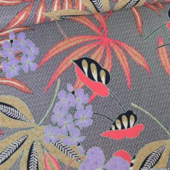 Satin de coton stretch – Motif floral tropical noir, rouge et violet