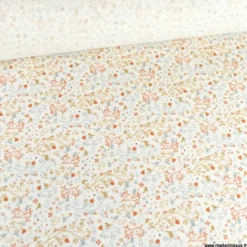 Sergé de coton Camilia motif fleurs, oiseaux et fruits fond blanc