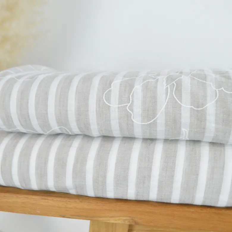 Tissu aspect Lin à rayures - Sable et blanc