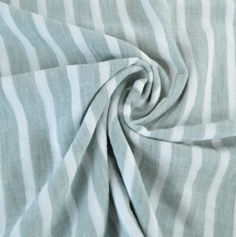 Tissu aspect Lin à rayures - Sauge et blanc