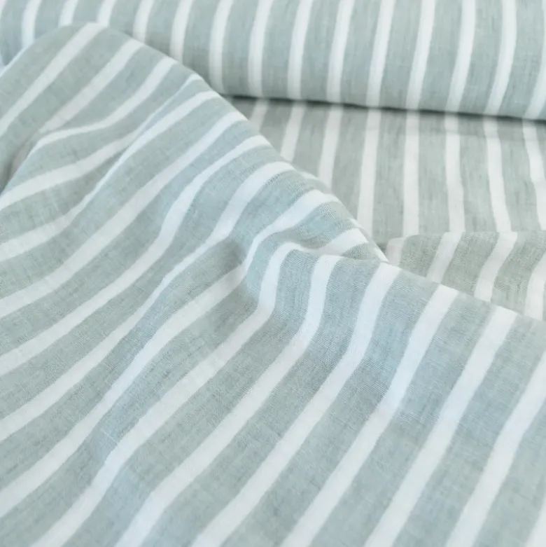 Tissu aspect Lin à rayures - Sauge et blanc