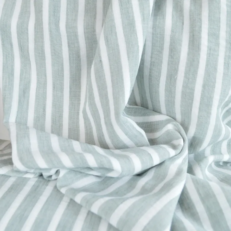 Tissu aspect Lin à rayures - Sauge et blanc