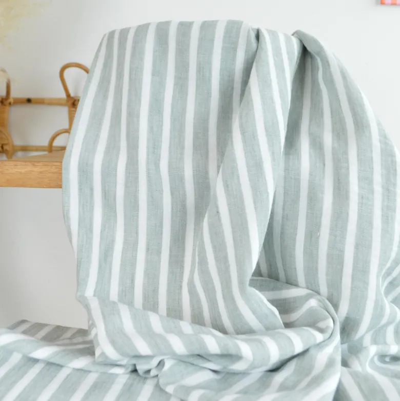 Tissu aspect Lin à rayures - Sauge et blanc