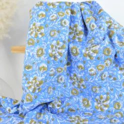 Tissu Block print Indien Barmer – Motif fleurs fond bleu