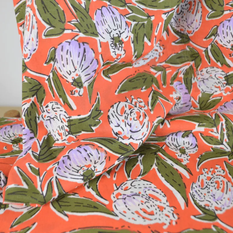 Tissu Block print Indien Bundi – Motif fleurs fond corail