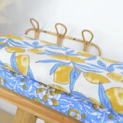 Tissu Block print Indien – Motif citrons fond bleu