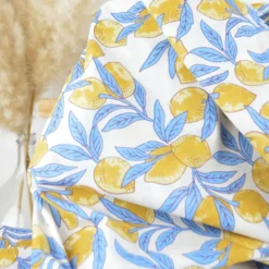 Tissu Block print Indien – Motif citrons fond bleu