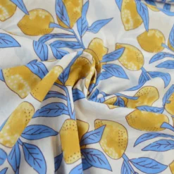 Tissu Block print Indien – Motif citrons fond bleu