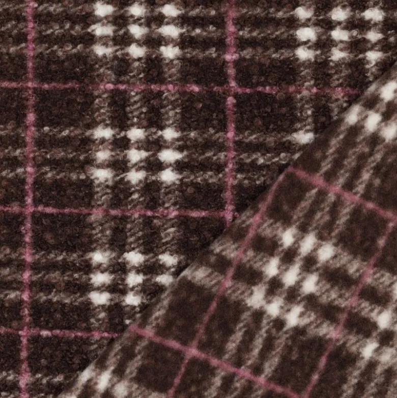 Tissu Bouclette Manteau Tartan Chocolat et rose