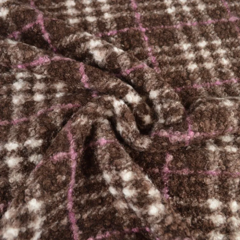 Tissu Bouclette Manteau Tartan Chocolat et rose