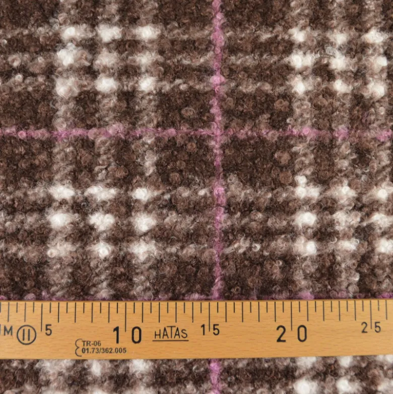 Tissu Bouclette Manteau Tartan Chocolat et rose