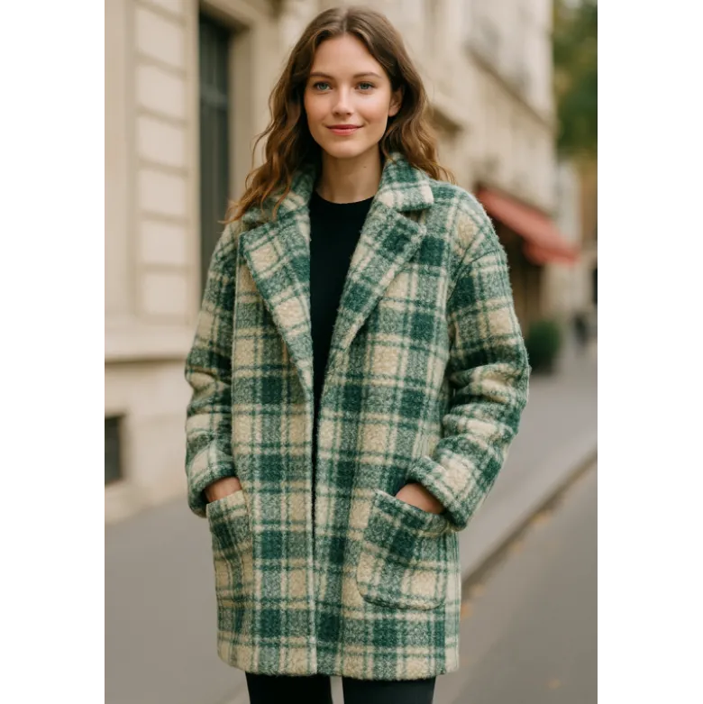 Tissu Bouclette Manteau Tartan Vert & Écru