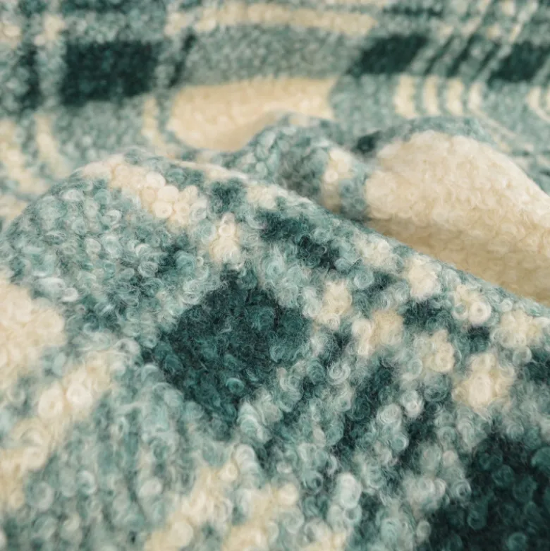 Tissu Bouclette Manteau Tartan Vert & Écru
