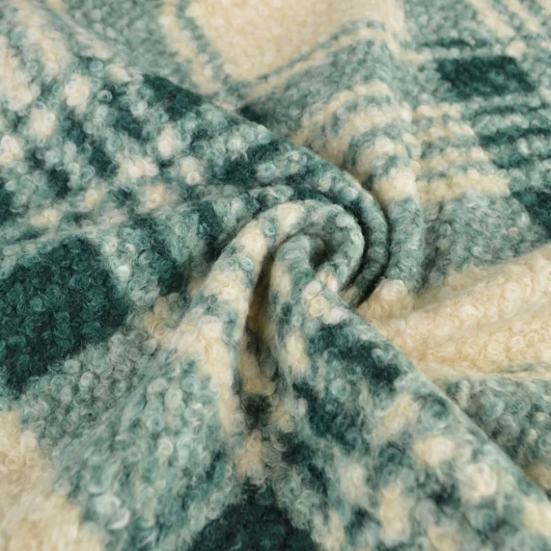 Tissu Bouclette Manteau Tartan Vert & Écru