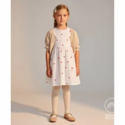 Tissu broderie anglaise brodé coeurs rouges fond blanc