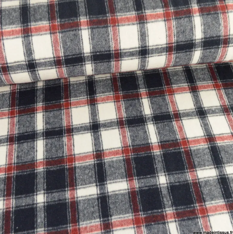 Tissu caban brossé à carreaux bleu marine - oeko tex