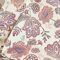 Tissu canva Khonoma type bachette motif fleurs bleues et roses fond écru