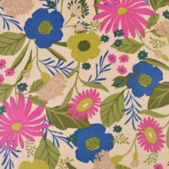 Tissu canva Loricette type bachette motif fleurs bleues et roses fond écru