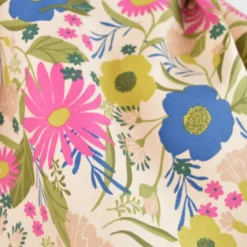 Tissu canva Loricette type bachette motif fleurs bleues et roses fond écru