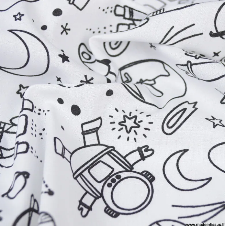 Tissu à colorier Cosmicolo motifs fusée, planète et cosmonaute - Oeko tex