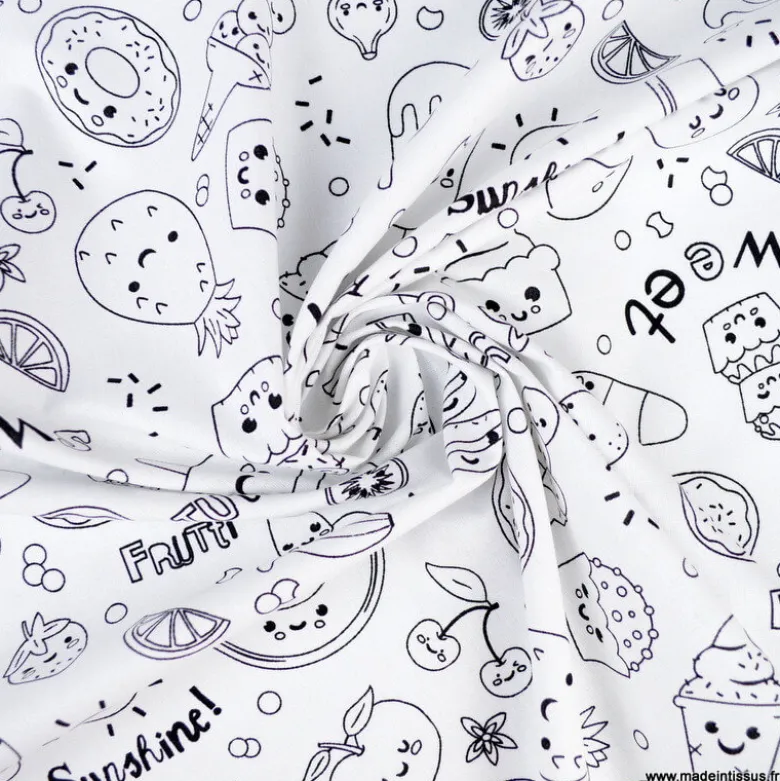 Tissu à colorier Miam motifs cupcake, glace et donuts - Oeko tex