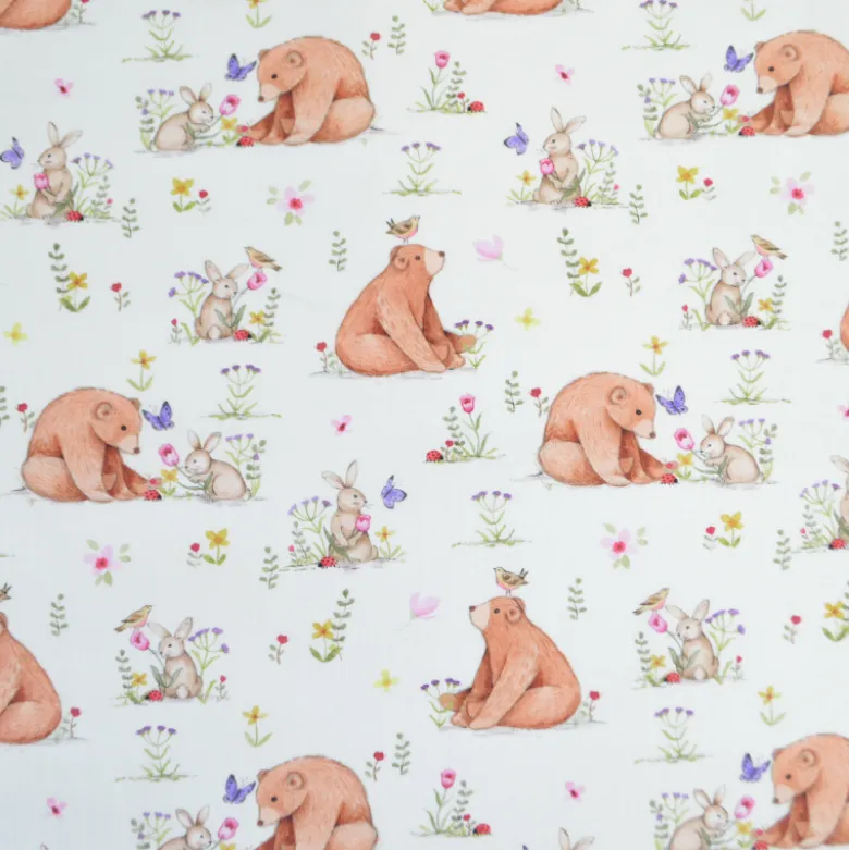 Tissu coton Agaric motif ours et lapins fond blanc - OEKO TEX
