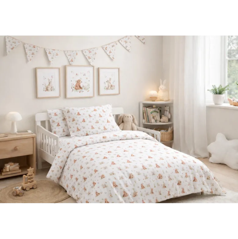 Tissu coton Agaric motif ours et lapins fond blanc - OEKO TEX