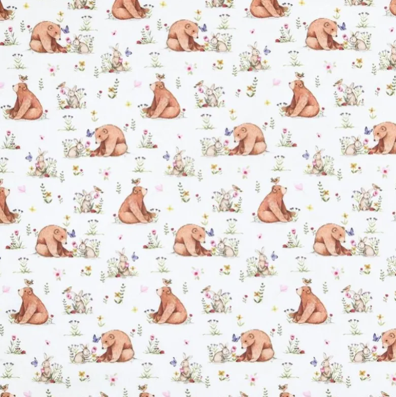 Tissu coton Agaric motif ours et lapins fond blanc - OEKO TEX