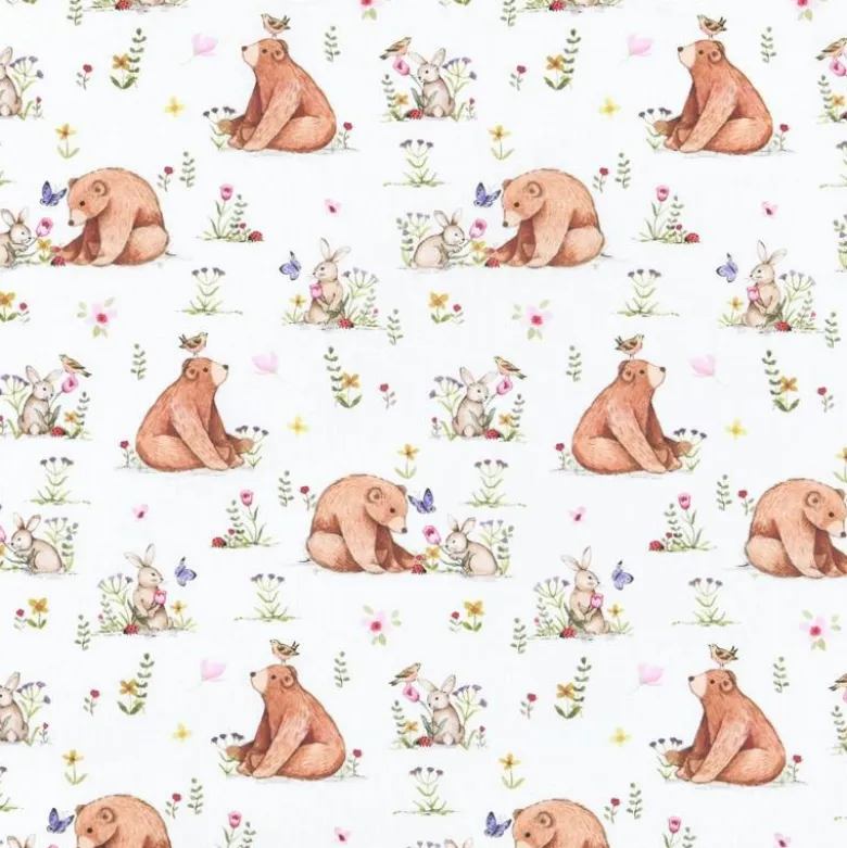 Tissu coton Agaric motif ours et lapins fond blanc - OEKO TEX