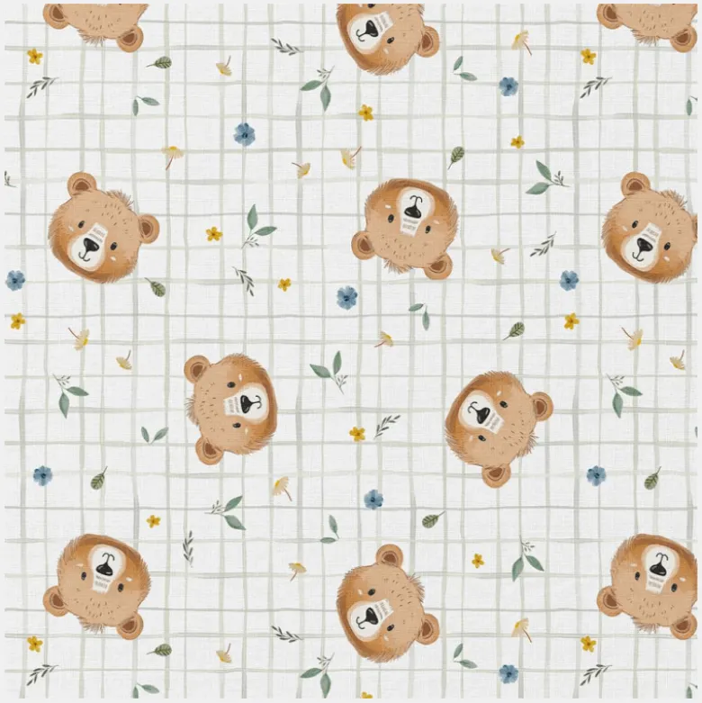 Tissu coton Albert – carreaux & têtes d’ours fond blanc