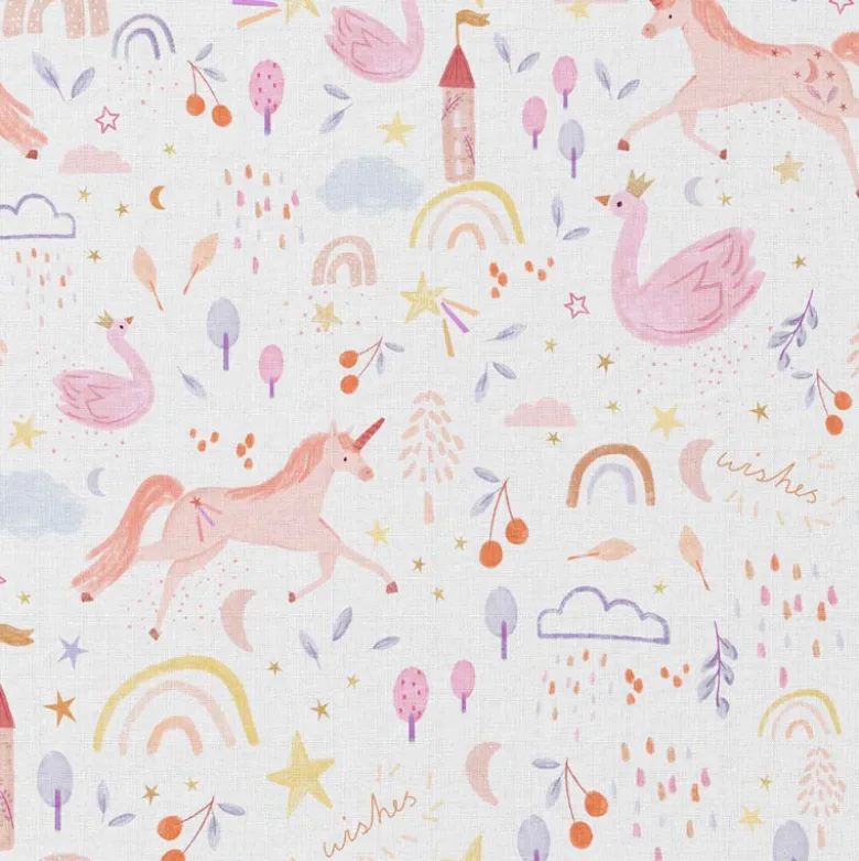 Tissu coton Anamika motif licornes et arc en ciel fond blanc - OEKO TEX