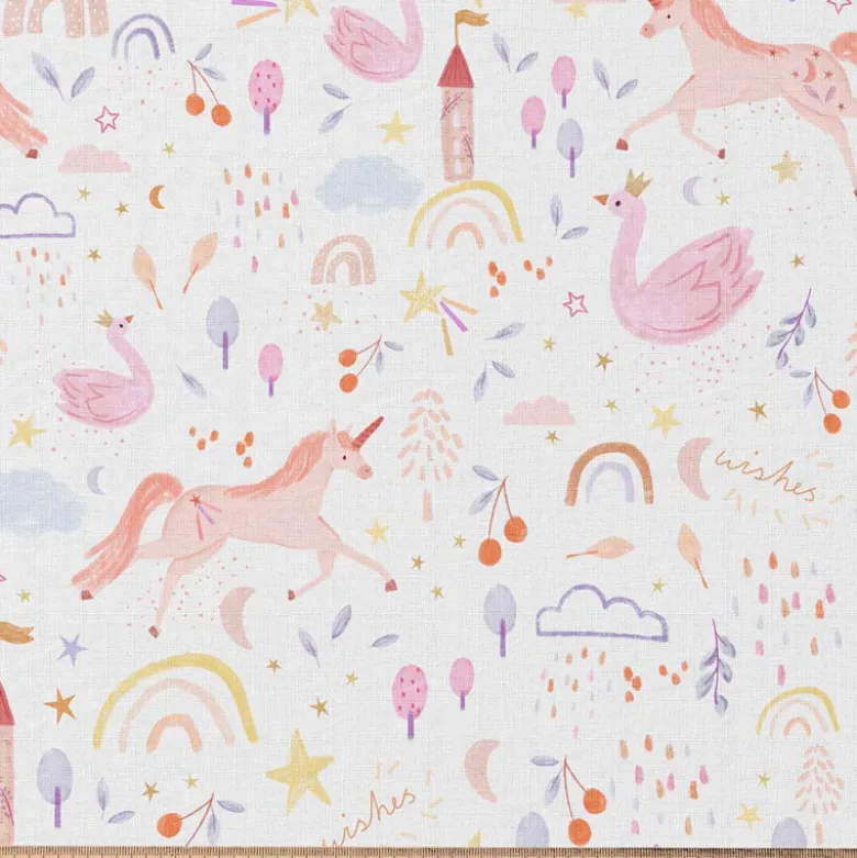 Tissu coton Anamika motif licornes et arc en ciel fond blanc - OEKO TEX
