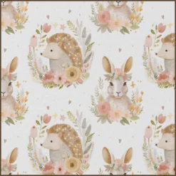 Tissu coton Angea – lapins et hérissons fleuris, fond écru