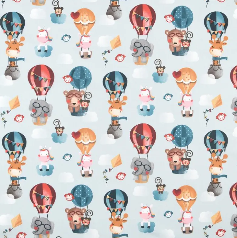 Tissu coton Baby motif animaux et montgolfières fond ciel - OEKO TEX