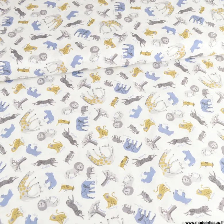 Tissu coton Baobab motif animaux de la savane et Baobabs fond blanc