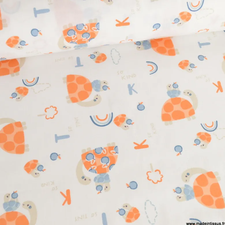 Tissu Coton Bekitou motif Tortues oranges fond blanc - OEKO TEX