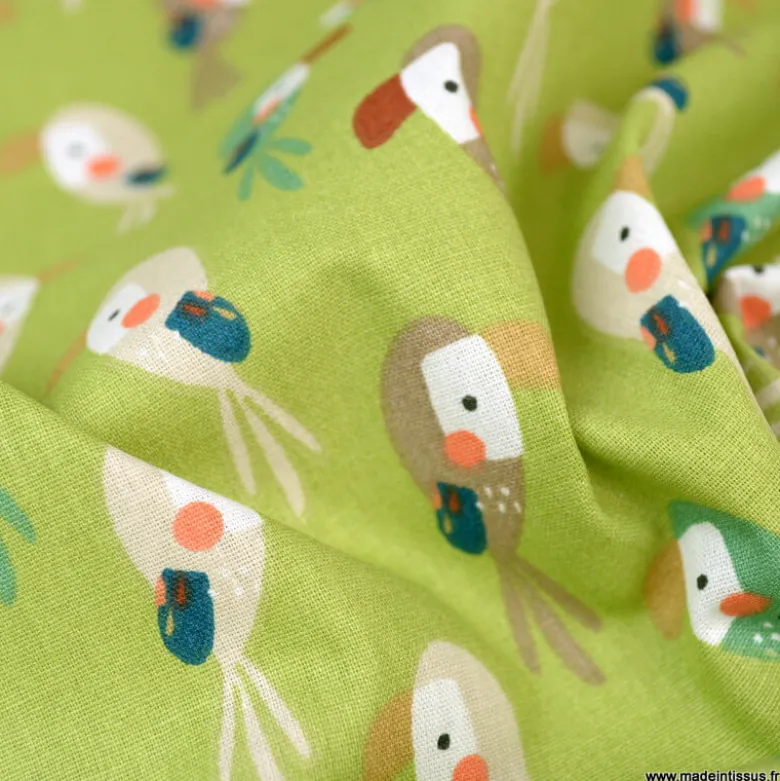 Tissu coton Bio Djikene motifs Toucans fond guacamole -OEKO TEX