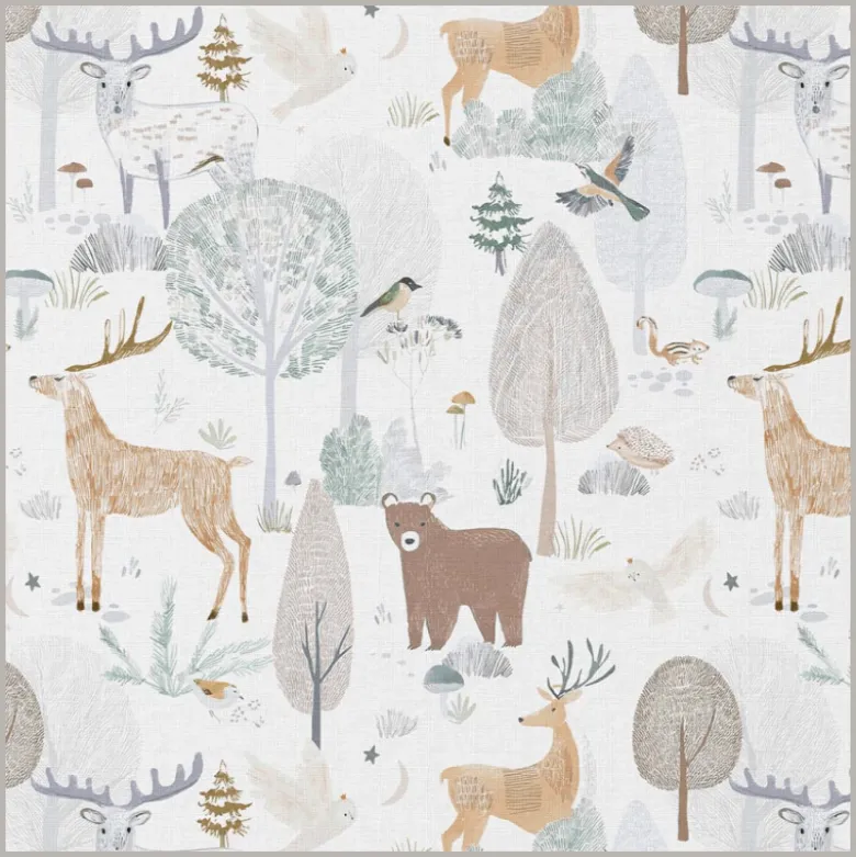 Tissu coton Brocéliande – animaux de la forêt fond blanc -OEKO TEX
