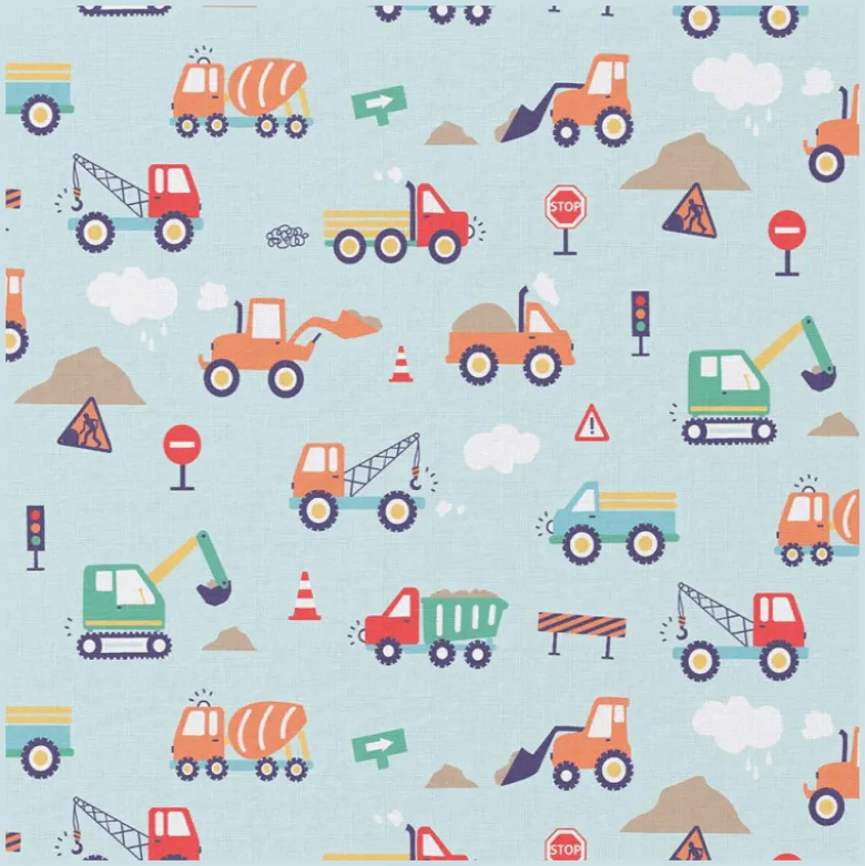 Tissu coton Camions – engins de chantier et panneaux sur fond bleu ciel -OEKO TEX