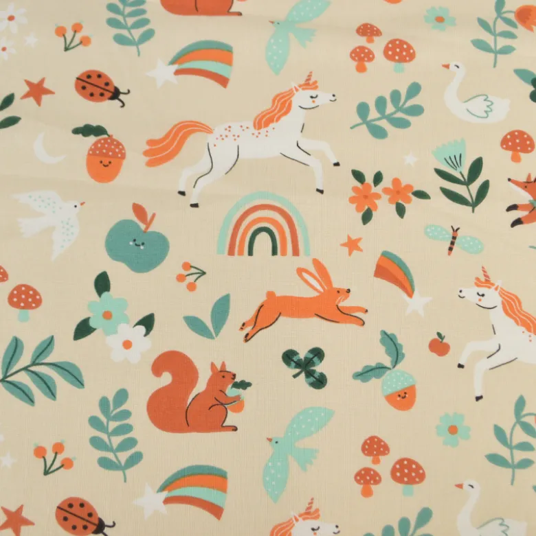 Tissu coton Cassiopée - Motif animaux et licornes fond Crème
