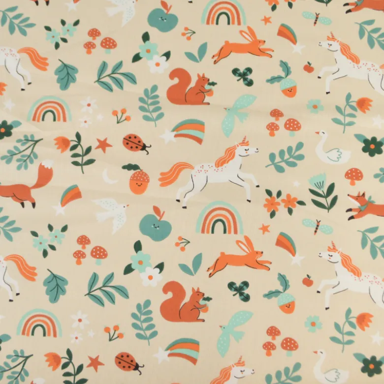 Tissu coton Cassiopée - Motif animaux et licornes fond Crème