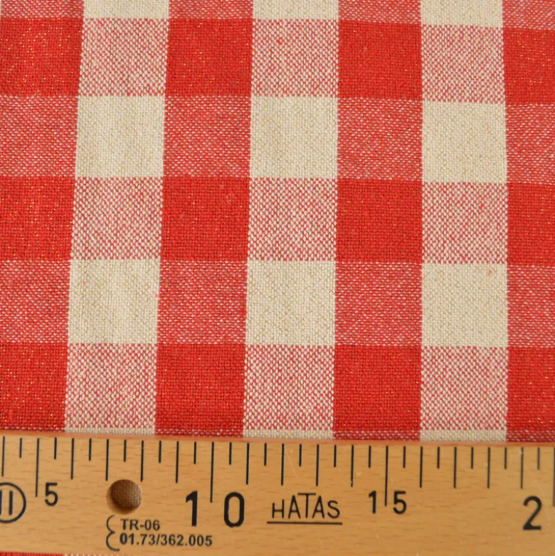 Tissu coton Celestin Lurex doré à grands carreaux Vichy rouge et blanc