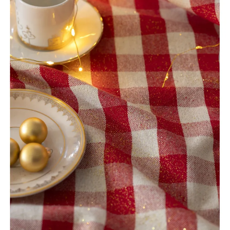 Tissu coton Celestin Lurex doré à grands carreaux Vichy rouge et blanc