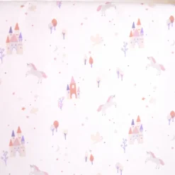 Tissu coton Chateau motif chateau et licornes fond blanc - OEKO TEX