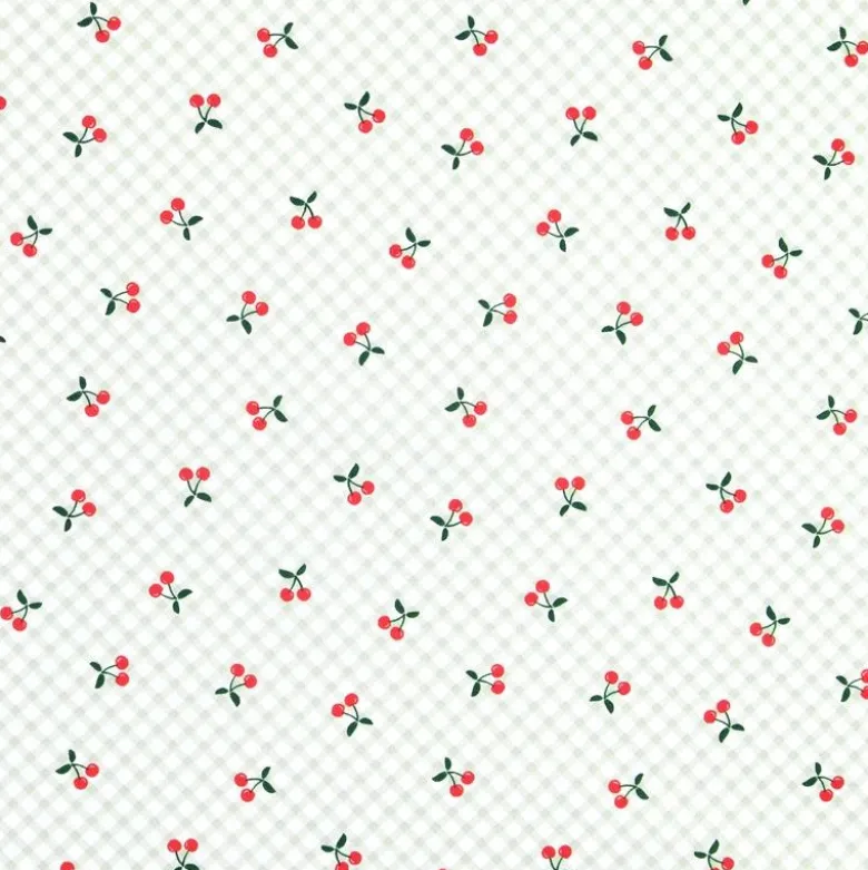 Tissu coton Cherries motif cerises fond vichy vert