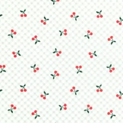 Tissu coton Cherries motif cerises fond vichy vert