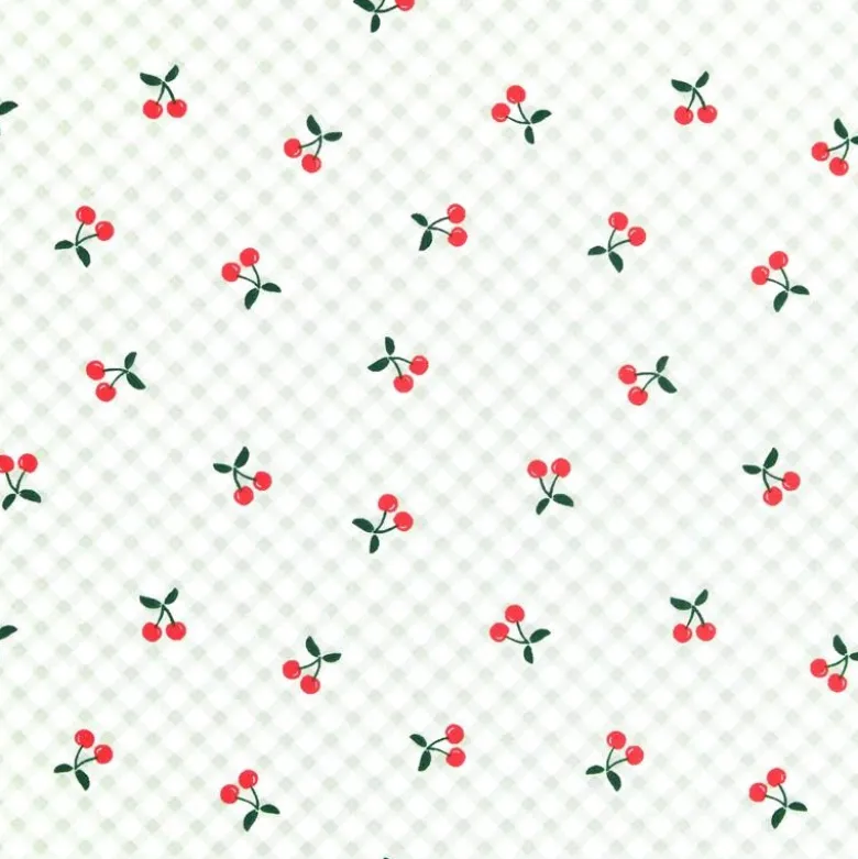 Tissu coton Cherries motif cerises fond vichy vert